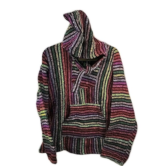 Artesanias Unisex Hoodie Large Bright Colorful Stripes Boho Hippie Aztec Neon - Picture 1 of 11